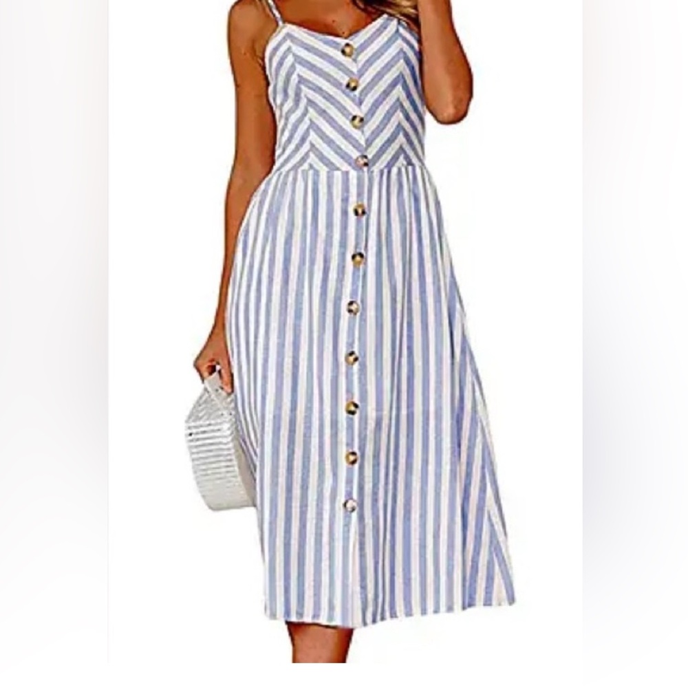 Striped Blue and White Bohemian Spaghetti Strap Midi Dress